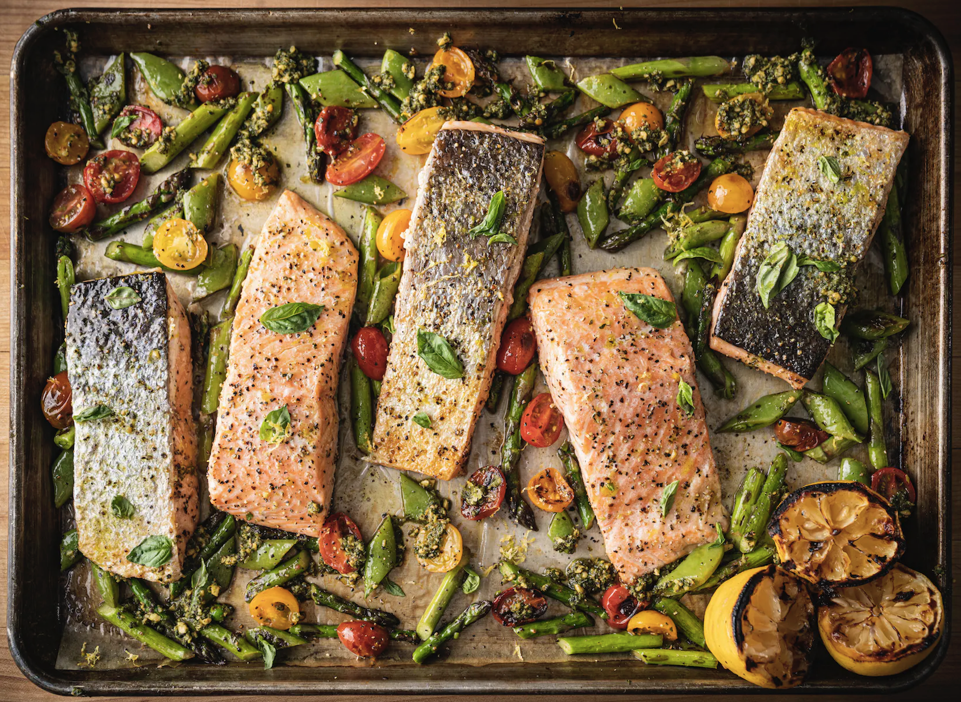 A Traeger Special: Roasted Sheet Pan Salmon with Vegetables and Pesto